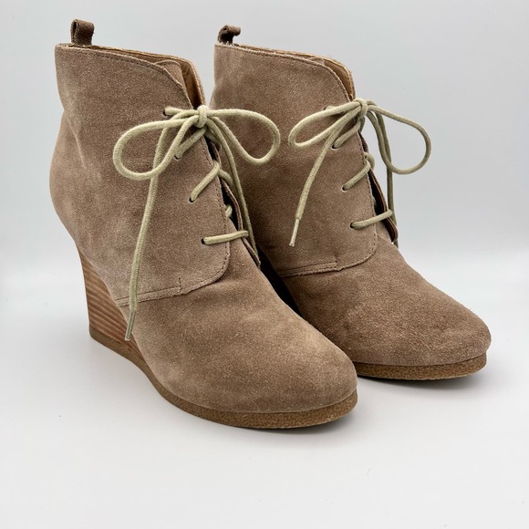 Steve Madden Danni Wedge Ankle Boots Womens 8.5M Beige Lace Up Leather - Picture 2 of 10